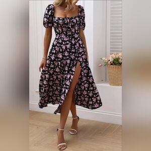 NEW Boho Floral Print Ruched Top Tie Midi Dress Black